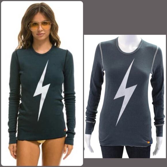 Aviator Nation Women’s Charcoal/ White Lightning Bolt Thermal Long Sleeve Shirr - Picture 1 of 15